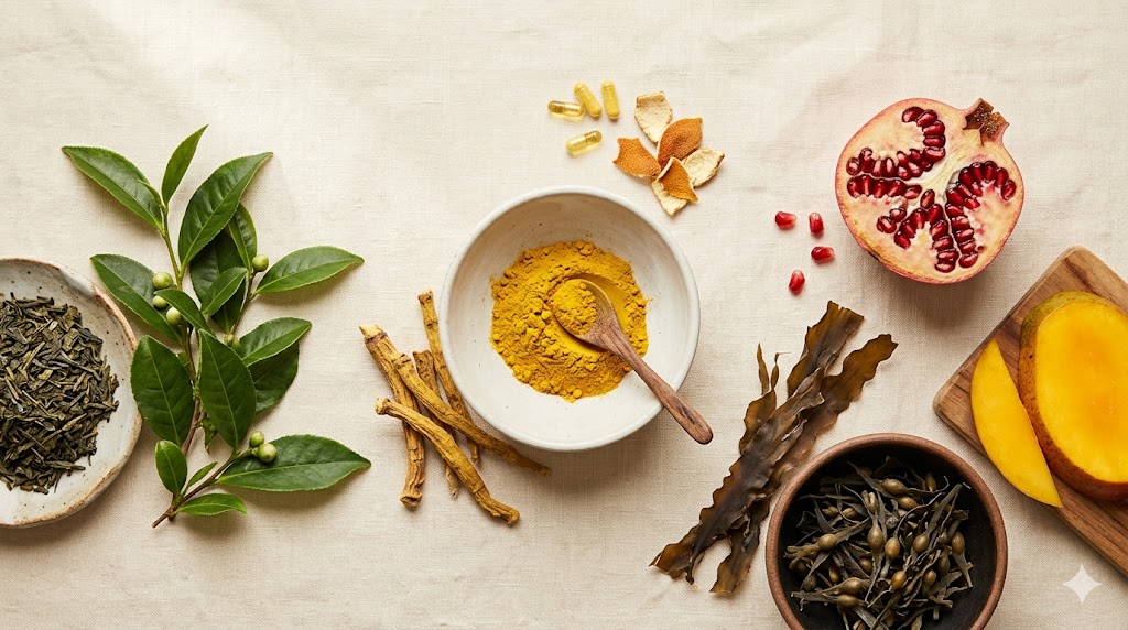 Botanical ingredients including berberine root, green tea, and pomegranate arranged on a cream background