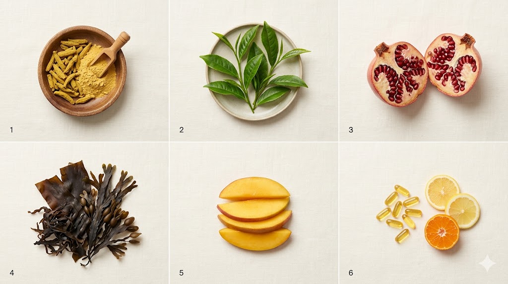 The six plant-based ingredients of the patch arranged in an editorial collage