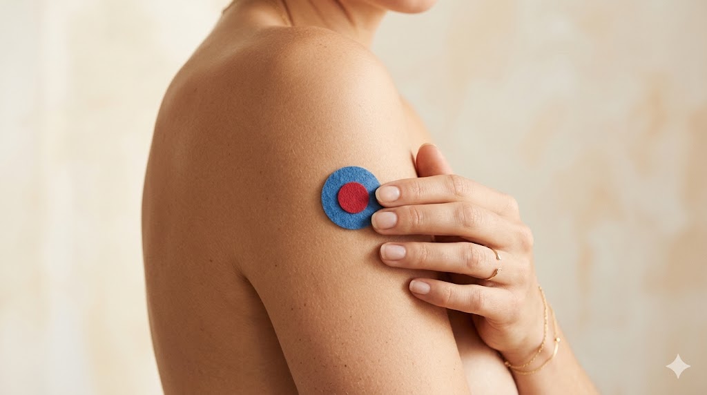 Hands applying a small wellness patch to the upper arm